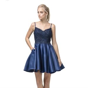 B.Darlin Floral Hilow Lace BodiceFormal Navy‎ Blue Dress 3/4 cocktail prom